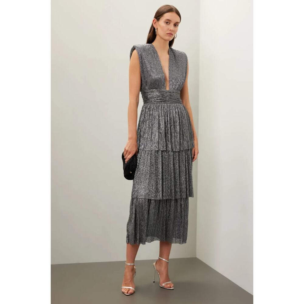 Sleeveless Tiered Metallic Midi Dress in Silver